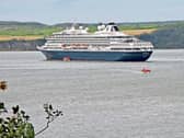 The first Cruise ship of the season arrived in Foynes last week and  it had to moor in the Shannon Estuary near Bolands Meadow due to low tide. The Royal America Line  The Prinsendam. Photographer Sea