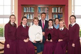 Certified Irish Angus Beef Schools' competition winners Emily Walsh, Aoibhinn Leahy, Aishling O’Neill, Jane McNamara, Susan O’Neill with teacher Deirdre Condon Gaffney and Michael Cregan, principal of