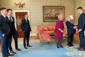 President Michael D Higgins and Sabina welcome Kyle Hayes as Kevin Downes, Paddy O’Loughlin and Tom Condon look on Picture: Maxwell Photography