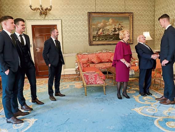 President Michael D Higgins and Sabina welcome Kyle Hayes as Kevin Downes, Paddy O’Loughlin and Tom Condon look on Picture: Maxwell Photography