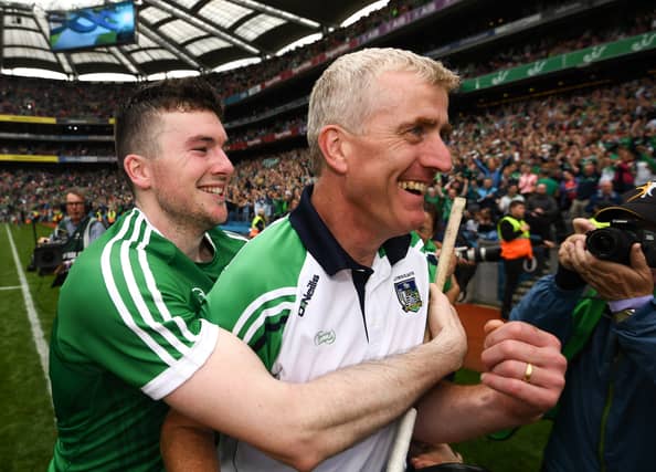 Team captain Declan Hannon and manager John Kiely celebrate after Limerick's thrilling All-Ireland semi-final win over Cork at Croke Park