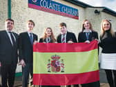 Acting Principal, Mr. Gerard O'Sullivan and Ms. Sara Martinez pictured with Students at the launch of the DELE centre in Colaiste Chiarain