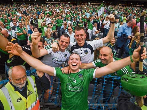 Shane Dowling with Na Piarsaigh teammate Alan Dempsey and friends in Croke Park after the All-Ireland final Picture: Sportsfile