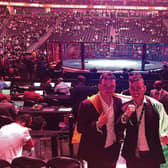 Sean Hehir and Brian Grace inside the fight after blagging their way into the Conor McGregor fight. Below, the group of mates in Las Vegas