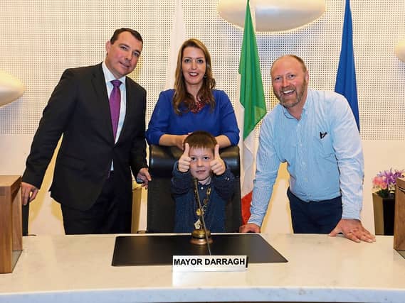 Vicky Phelan pictured with Mayor of Limerick City and County Council James Collins, son Darragh and husband Jim at a civic reception in her honour at County Hall, Dooradoyle Picture: Kieran Ryan