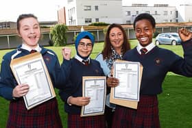 Art Teacher Sarah Nestor with Abbey O'Keeffe, Zohra Koohestani and Nancy Ekhator who got their Junior Certificate exam results at Coláiste Nano NaglePicture: Dave Gaynor