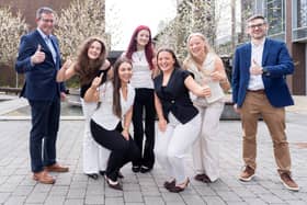 Kevin Finn, Edwards Lifesciences, with UL students Hannah Brind, Leona Sheehy, Kes Cheevers, Amy Ward and Ele Madigan, alongside biomedical engineering course director Prof  John Mulvihill