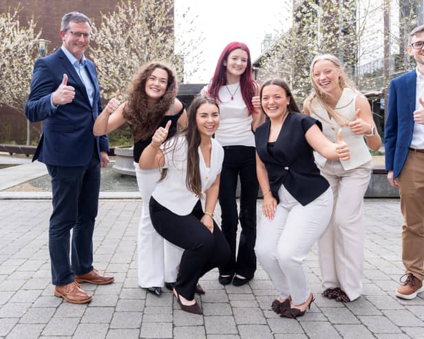 Kevin Finn, Edwards Lifesciences, with UL students Hannah Brind, Leona Sheehy, Kes Cheevers, Amy Ward and Ele Madigan, alongside biomedical engineering course director Prof  John Mulvihill