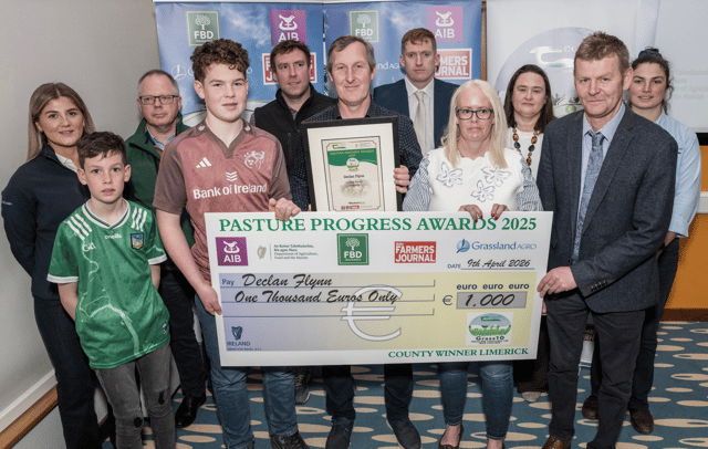 Kilmallock dairy farmers Declan and Niamh Flynn, with their sons Jamie and Henry, at the Pasture Progress Awards I PICTURE: O'Gorman Photography