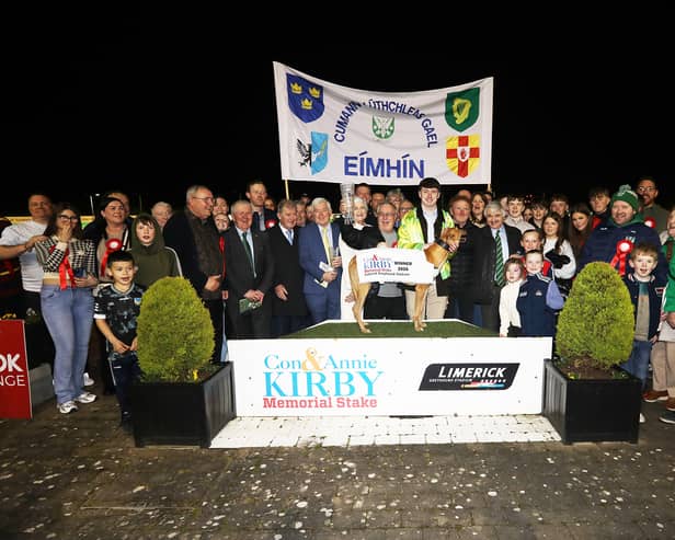 JP and Noreen McManus present the trophy to trainer Mark O'Donovan after Bouncing Monarch won the Con & Annie Kirby | PICTURE: Brendan Gleeson