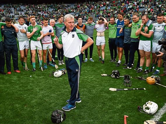 John Kiely speaking with his troops after the semi final win over Cork