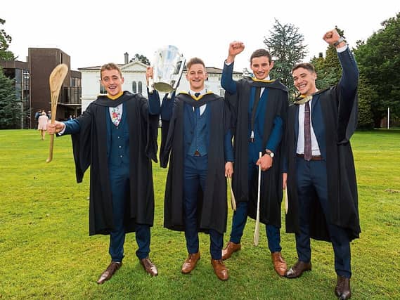 Limerick All Ireland Senior Hurlers Pat Ryan, Tom Morrissey, Gearoid Hegarty and Sean Finn at the University of Limerick with the Liam MacCarthy cup Picture: Oisin McHugh