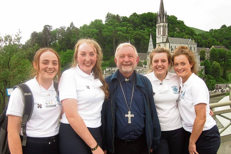 Archbishop Kieran O'Reilly with Lourdes youth helpers Grace O'Toole, Newport, Roseanna O'Donnell, Rachel O'Dwyer and Gemma Fox, of Scoil na Trionoide Naofa, Doon at the shrine