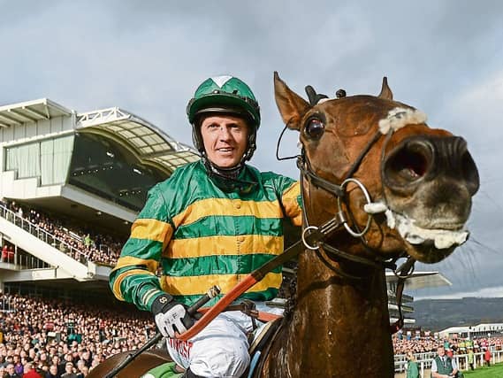 Noel Fehily and Buveur D’Air pictured after winning last year’s Champion Hurdle at Cheltenham. Owner JP McManus is hopeful of it retaining the title Picture: Sportsfile