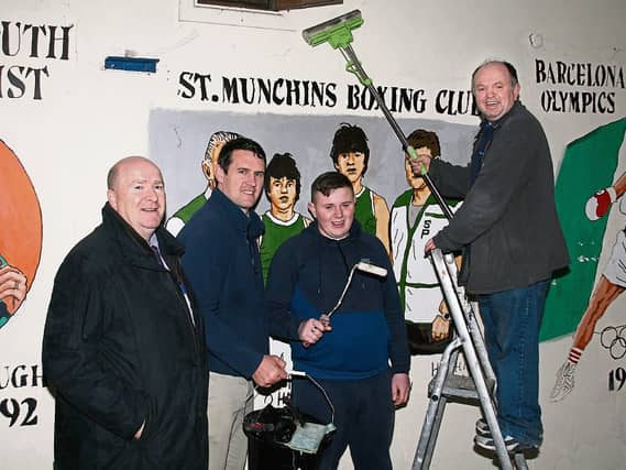 Getting ready for re-opening: Cllrs Sean Lynch and Frankie Daly with Colin Collins, boxer, St Munchin's boxing club and Pat O'Halloran, chairman Picture: Adrian Butler