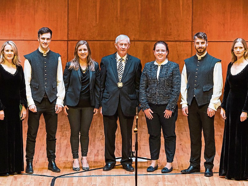 Deputy Mayor Noel Gleeson (centre) with Gillian Costelloe, left and UCH director Sinead Hope, right with members of Anúna vocal group launching Limerick Sings Picture: Sean Curtin/True Media