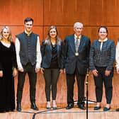 Deputy Mayor Noel Gleeson (centre) with Gillian Costelloe, left and UCH director Sinead Hope, right with members of Anúna vocal group launching Limerick Sings Picture: Sean Curtin/True Media