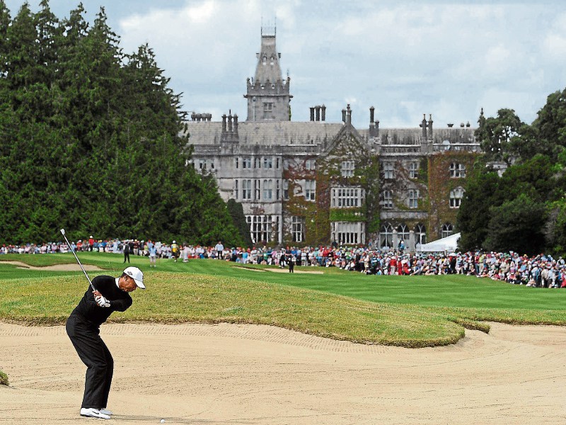 Tiger Woods plays into the 9th green at Adare Manor during the last pro-am - which returns in 2020