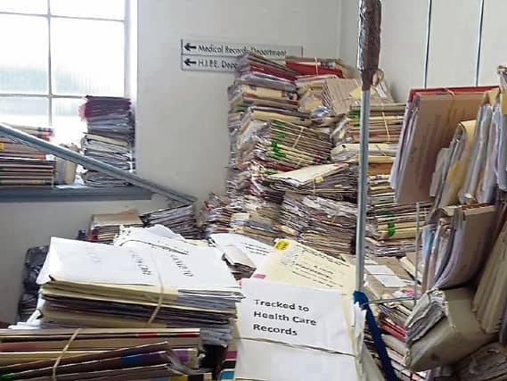 Picture of ‘inappropriately’ stored files at University Hospital Limerick, on the stairs near the medical records department