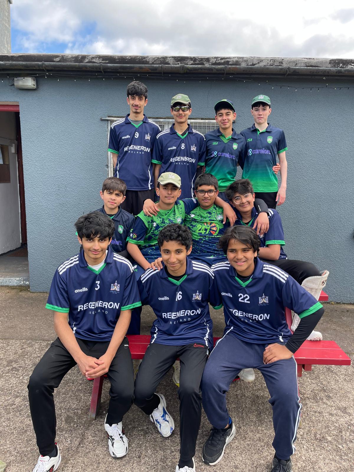 Limerick U15 XI vs Cork Harlequins: (Back row, l-r) Muhammed Aziz, Abubakar Aziz, Arham Ullah, Robert McCutcheon. (Middle row, l-r) Behroz Khan, Yousaf Ramay, Ghufran Chaudhry (Capt.), Riyan Shah (wk)