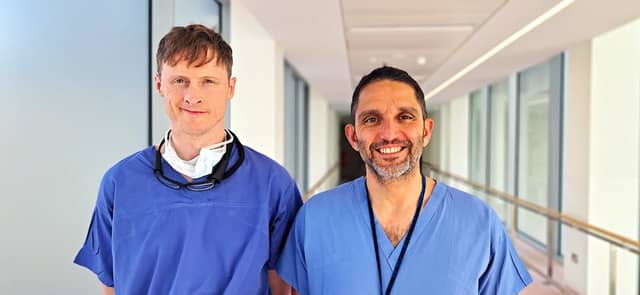 Pictured outside the cath labs at University Hospital Limerick are consultant cardiologists Dr Cormac O’Connor and Dr Samer Arnous