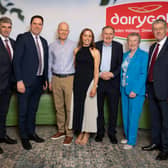Cream always rises to the top: At the 2025 Dairygold Milk Quality and Sustainability Awards are Dairygold Chief Executive Michael Harte, Minister for Agriculture Martin Heydon, with the overall award winners Michael, Stephanie, Martin and Mary Carroll, Granagh, and Dairygold Chairperson, Pat Clancy