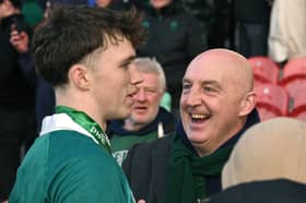Tom Wood with his father Keith Wood after the U20 Six Nations Rugby Championship match between Ireland and Scotland at Virgin Media Park in Cork