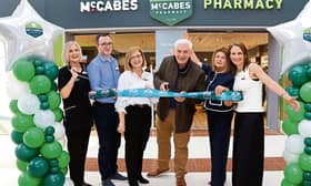 The Traitors star, Kilmallock's Paudie Moloney opening the expanded McCabe's Pharmacy store earlier this year with Lorraine Shinners, pharmacy technician, Shane Curtin, assistant store manager, Maria McBrearty, store manager, Sharon Curtin, regional operations manager and Aoife Molloy, supervising pharmacist