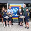 Minister of State at the Department of Agriculture, Food and the Marine with Special Responsibility for Forestry, Horticulture and Farm Safety, Niall Collins; ALldi Play Rugby ambassador, current Irish rugby coach and former Ireland captain Paul O’Connell; Ireland international rugby player, Beibhinn Parsons; and store manager, Michael Essex 