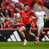  Ben O’Donovan of Munster on his way to scoring a try, that was subsequently disallowed, during the United Rugby Championship match between Munster and Ulster at Thomond Park   