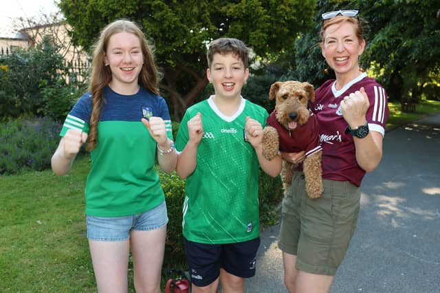 Cllr Maria Donoghue and Poppy the dog cheering on Galway with her children, Alex and Ben Donoghue Corbett cheering on Limerick |PICTURE: Adrian Butler