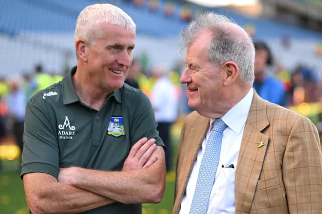 Limerick manager John Kiely, left, with Businessman JP McManus after the GAA Hurling All-Ireland Senior Championship Final match between Galway and Limerick at Croke Park in Dublin
Picture: Stephen McCarthy/Sportsfile