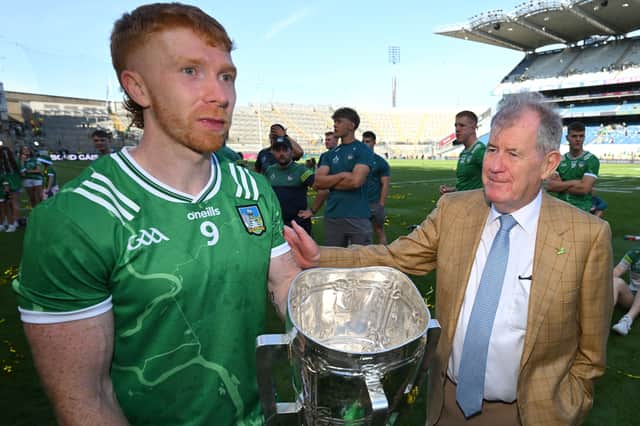 Businessman JP McManus congratulates Limerick captain Cian Lynch after his side's victory the GAA Hurling All-Ireland Senior Championship Final match between Galway and Limerick at Croke Park in Dublin
Picture: Stephen McCarthy/Sportsfile