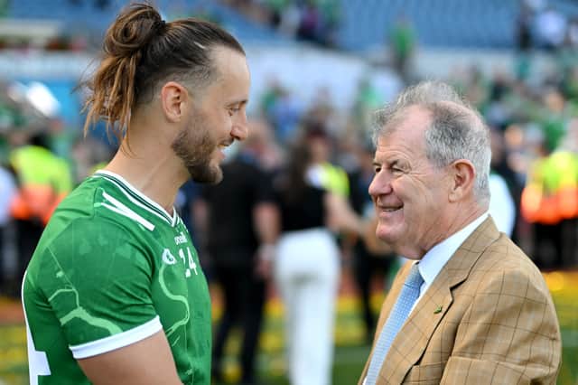 Tom Morrissey of Limerick is congratulated by Businessman JP McManus after his side's victory in the GAA Hurling All-Ireland Senior Championship Final match between Galway and Limerick at Croke Park in Dublin 
Picture: Stephen McCarthy/Sportsfile