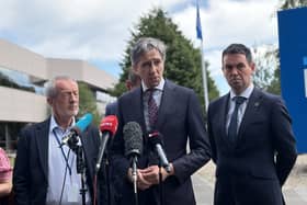 Tanaiste Simon Harris and Enterprise Minister Peter Burke speak to the media at the Intel campus in Leixlip, Co Kildare