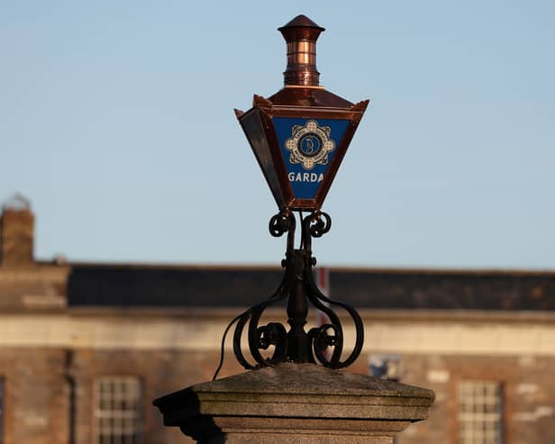 The Garda logo on a lamp at the entrance to Garda Headquarters in the Phoenix Park, Dublin
