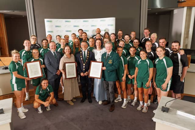 Mayor John Moran, presents a scroll to John Cronin, president Ballingarry Football Club, on behalf of the late Canon Edward Joseph Hannan, founder of Hibernian Football Club, and Kit Gordon, of the Edinburgh side. They were present at a reception for the Scottish Premiership club and Canon Hannan by the council. Also in the photo are Martin McDermott, head of the Scottish government office in Ireland, and Sharon McMeel, cultural secretary Scottish government in Ireland and members of Hibernian Women’s Football Team | PICTURE: Marie Keating
