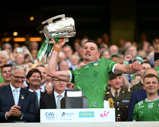 Gearoid Hegarty of Limerick celebrates with the Liam MacCarthy Cup after his side's All-Ireland final victory over Galway
