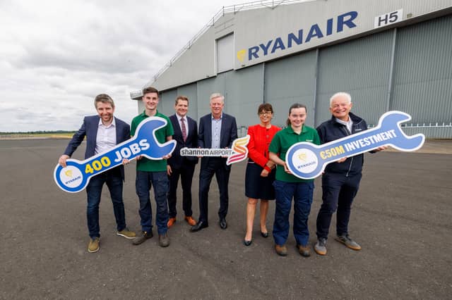 Pictured L-R Neal McMahon, COO Ryanair, Sean O'Brien, Cratloe Co Clare, Ryanair Engineering Apprentices, Minister for Enterprise, Tourism and Employment Peter Burke TD, Ray O'Driscoll, CEO The Shannon Airport Group, Enterprise Ireland CEO, Jenny Melia, Amy Madden, Sixmilebridge Co Clare, Ryanair Engineering Apprentices and Eddie Wilson, CEO Ryanair
Picture: Arthur Ellis