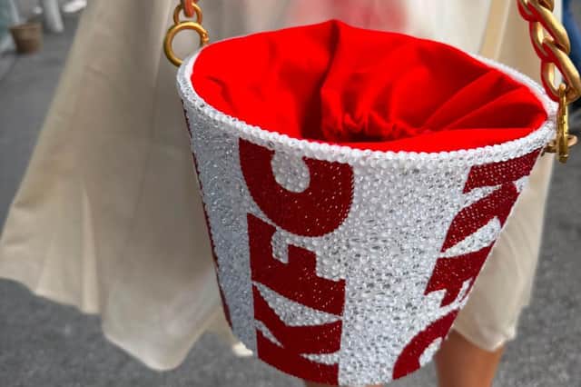 A close-up shot of the KFC inspired bucket handbag designed by Maya Grisham
PICTURE: Galway Races