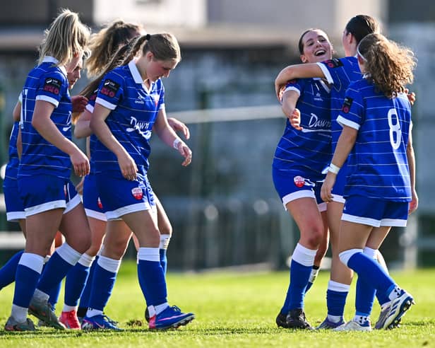 Treaty United players celebrate following a goal in their clash with Waterford at Markets Field in March