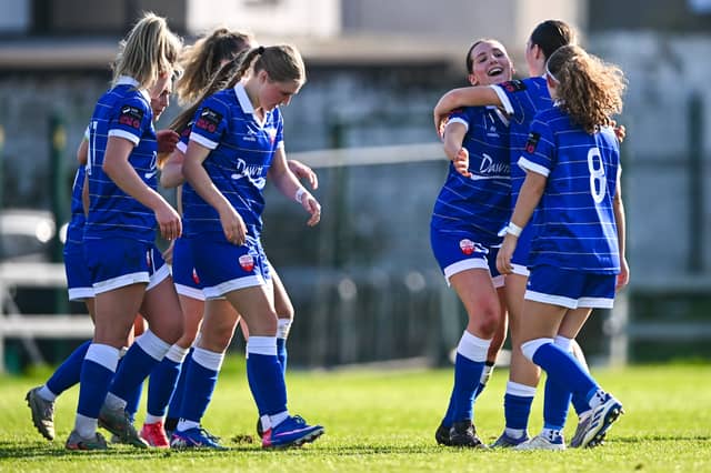 Treaty United players celebrate following a goal in their clash with Waterford at Markets Field in March