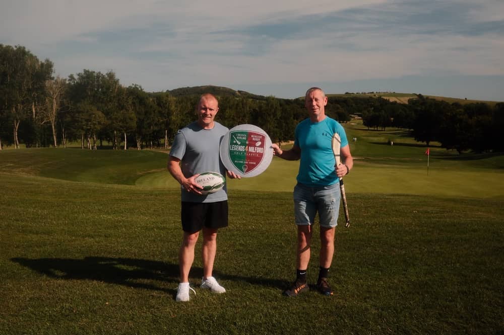 Keith Earls and Ciarán Carey pictured at the Legends 4 Milford launch at Ballyneety Golf Club