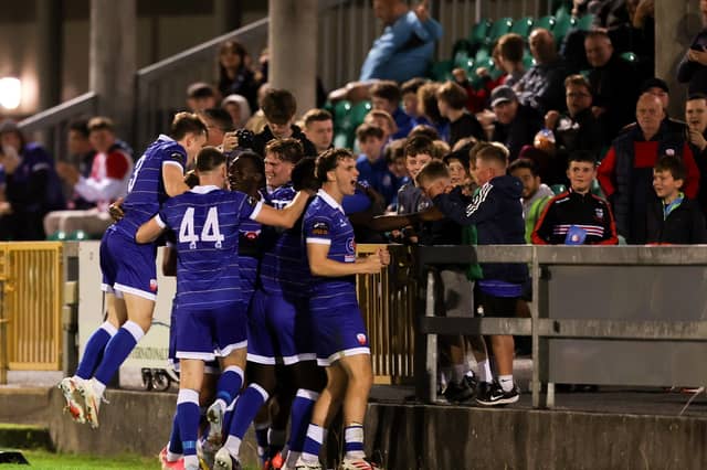 Treaty United players celebrate their side's second goal during the SSE Airtricity Men's First Division match between Treaty United and Cork City at Markets Field last week
