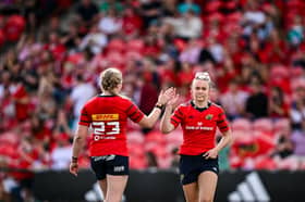 Munster players Lucia Linn, right, and Ellen Boylan after their side's victory in the Vodafone Women's Interprovincial Championship Round 1 match between Munster and Leinster earlier this summer 