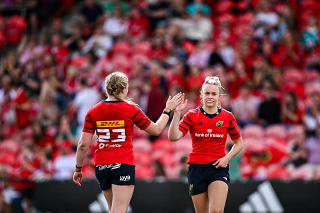 Munster players Lucia Linn, right, and Ellen Boylan after their side's victory in the Vodafone Women's Interprovincial Championship Round 1 match between Munster and Leinster earlier this summer