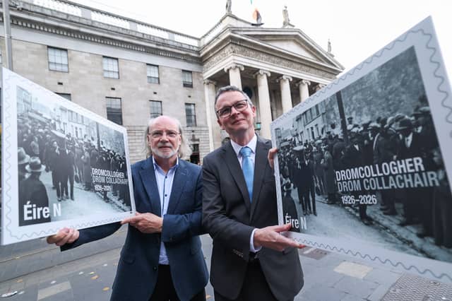 Pictured on Wednesday at the unveiling of a stamp commemorating the centenary of the Dromcollogher Cinema Disaster was Patrick O’Donovan TD, Minister for Culture, Communications and Sport with Gerry Keyes, Chairperson of the Commemoration Group
PICTURE: MAXWELLS