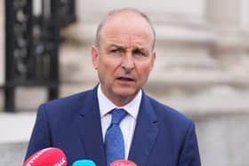 Taoiseach Michael Martin speaking to the media outside Government Buildings, Dublin