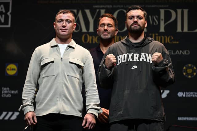 Paddy Donovan, left, and Tyrone McKenna face-off, under the watch of Matchroom promoter Eddie Hearn, during a Matchroom Sport media conference at Vicar Street in June.