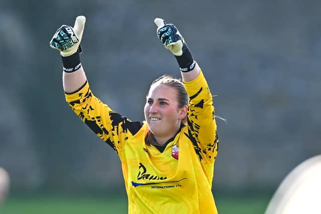 Treaty United goalkeeper Katherine Hess celebrates her side's second goal, scored by team-mate Ciara Breslin, during the SSE Airtricity Women's Premier Division match between Treaty United and Waterford at Markets Field in March